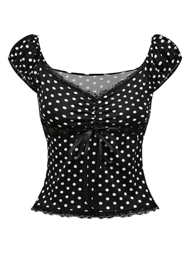 SOLY HUX Women's Y2k Lace Trim Polka Dots T Shirt Cap Sleeve V Neck Ruched Bow Tee Crop Tops