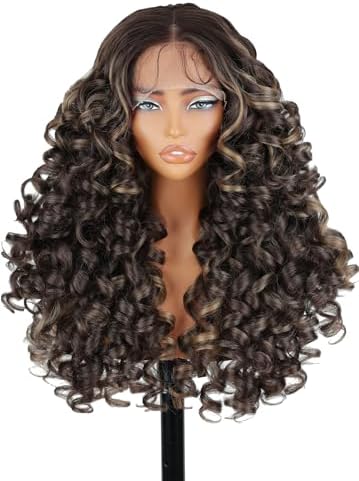 SOKU Long Curly Lace Front Wig for Black Women Highlight 13x4x1 Synthetic Lace Front Wigs Glueless Pre-Plucked Hairline with Baby Hair 22 Inch Heat Resistant (Highlight Brown)