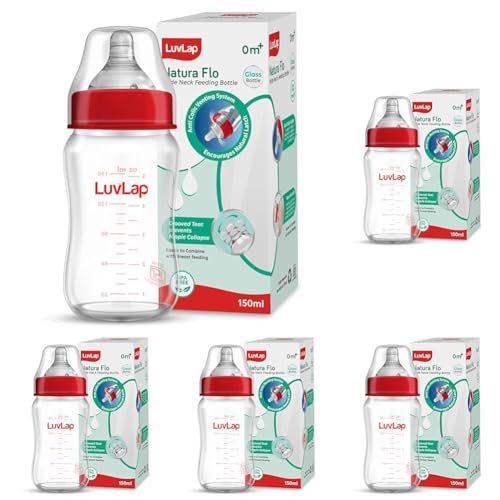 Image of LuvLap Natura Flo Wide Neck Glass Feeding Bottle, New Born /Infants /Toddler Upto 3 Years, BPA Free, Ergonomic Shape is Easy to Hold, with Anti Colic Nipple, 150ml (Pack of 5)
