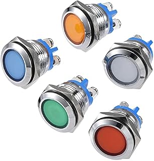sourcing map Indicator LED Light 12V 16mm M16 Panel Mount Metal Waterproof Signal Lamp with O Ring, Blue Green Red White Yellow 1 Set