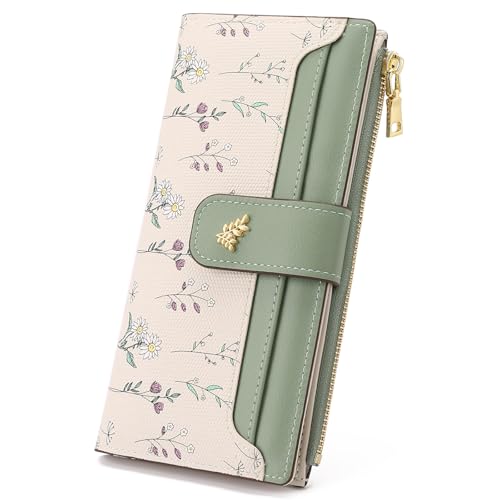 GAEKEAO Womens Wallet Slim Thin RFID Blocking Floral Vegan Leather Card Holder Bifold Long Ladies Wallet with Zipper Pocket