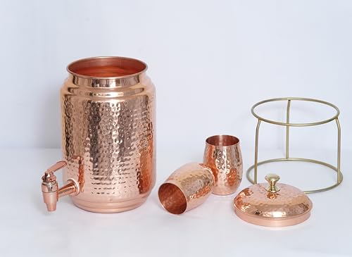 Image of 5 Litre Pure Copper Water Dispenser with 2 Loki Glasses & Stand | Hammered Ayurvedic Matka Pot for Healthy Drinking Water (Jointless, 5000ml + 600ml)