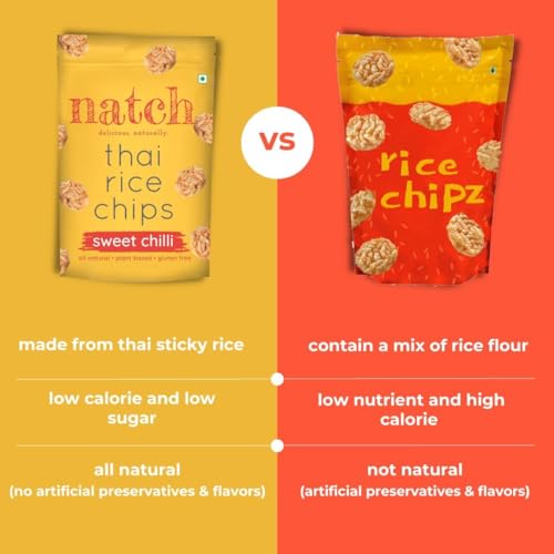 Image of Natch Thai Sticky Rice Chips, 100% Natural with No Artificial Preservatives or Trans Fats, Vegan & Gluten Free, Low Calorie Healthy Chips for Adults & Kids with Low Sodium, 25g each (Pack of 6), Sweet Chilli, Wasabi & Seseme Butter