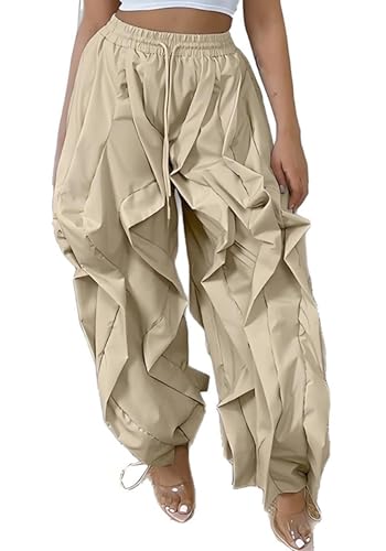 Women's Baggy Barrel Cargo Pants Y2k High Waisted Drawstring Wide Leg Casual Ruffle Patchwork Parachute Trousers Pants