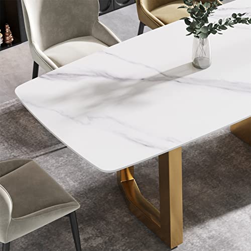 Lktart 70.87" Modern Artificial Marble Dinning Table Sintered Stone Table Top Metal Golden Hollow Leg Suitable For 6-8 People Dinning Room Kichen #TOP3