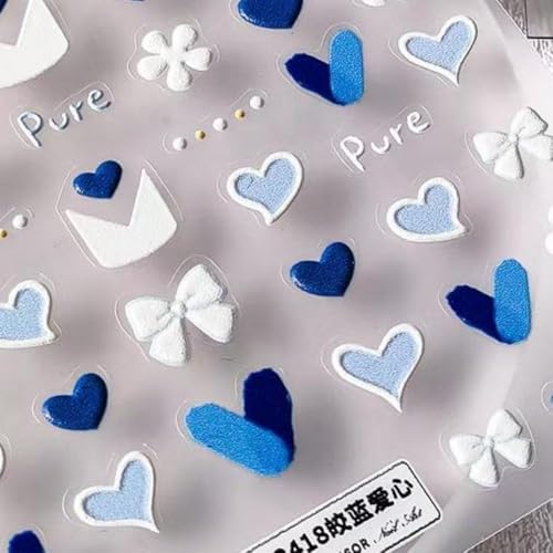 Image of Heart Nail Art Stickers 5D Embossed Nail Decals Blue White Self Adhesive Bow Nail Sticker for Nails Art Design for Women Girls Flower Supplies Manicure Decorations Accessories