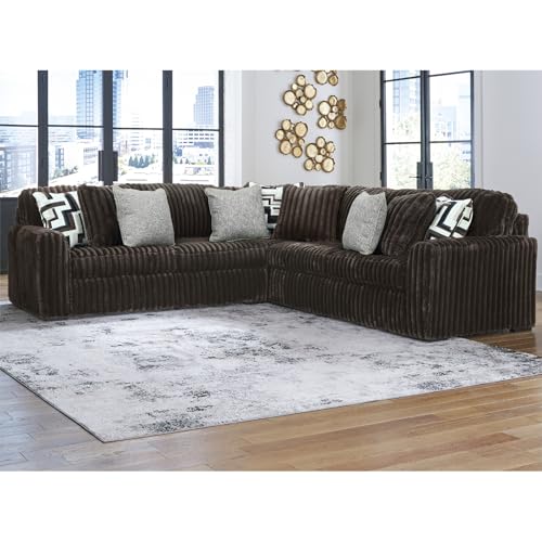 Image of Signature Design by Ashley 5-Piece L-Shaped Sectional Couch, Chocolate | 100% polyester jumbo corduroy, 122 in L-shaped couch, Anti sag platform foundation, Midnight-Madness Series
