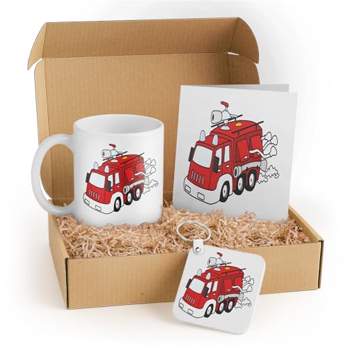 3dRose Cute Fire Truck Gift Set for Kids - Includes Mug, Keychain, and Card - Perfect for Birthdays and Christmas