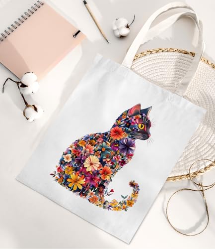 Image of Cute Cat Canvas Tote Bag for Women， Aesthetic Reusable Shoulder Bag for Shopping Travel Work