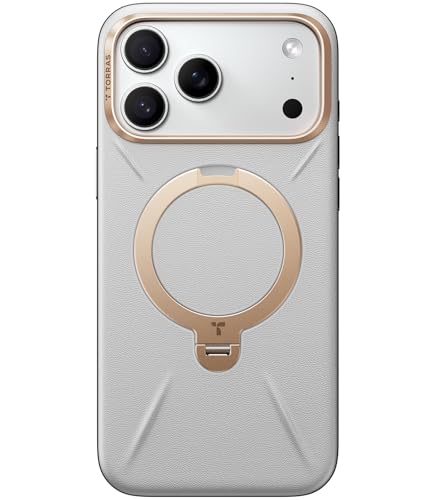 TORRAS iPhone 17 Pro Max 用 ケース【新感覚レザー・スキンタッチ】Ostand Q3 レザートーン MagSafe対応 リング スタンド 360°定点回転 縦横両対応 マグネット搭載 革 カメラコントロールボタン 米軍規格 耐衝撃 指紋防止 パール・グレー