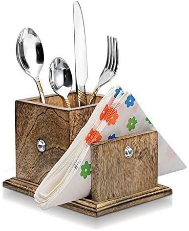 Best Mart Wooden Cutlery Holder with Tissue Paper Slot – Multipurpose Kitchen & Dining Table Organizer Stand