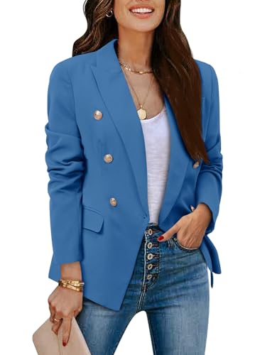 CRAZY GRID Womens Double Breasted Blazer Jackets Business Casual Suit Jacket Long Sleeve Lapel Gold Button Ladies Work Office Dressy Blazer Royal Blue Medium