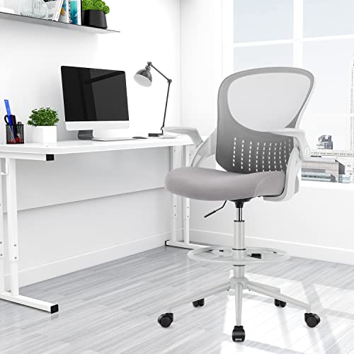 Edx Drafting Chair Tall Office Chair, Tall Standing Desk Chair Counter Height Tall Adjustable Office Chair With Flip-Up Arms/Wheels, Mid Back Mesh Office Drafting Chairs For Standing Desk, Grey #TOP6