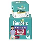 Pampers Pull On Cruisers 360° Fit Disposable Baby Diapers Size 5, 128 Count with Free & Gentle Baby Wipes 12 Flip-Top Packs (936 Wipes Total)