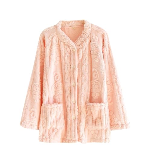 Oplxuo Plush Bed Jackets for Elderly Women Cozy Fuzzy Fleece Pajama Tops Button Up Sleepwear Long Sleeve Coats with Pockets Pink