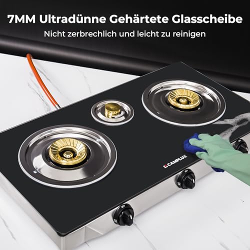 CAMPLUX TC03GB 3 Flammig Glas Gaskochfeld/ 6,25 kW LPG Gaskocher/Tragbar Campingkocher für Camping/ 72,5cm/ 50mbar Gasregler – Bild 5