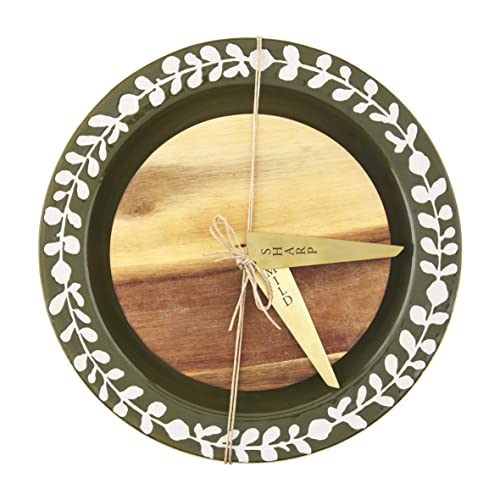 Mud Pie 4 Piece Cheese Serving Set with Stoneware Plate, Wood Board and Cheese Markers,Green