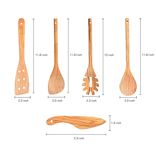 Ideaolives Wooden Spoons For Cooking, Kitchen Utensils Set Of 5 Uncoated Solid Hardwood Spatulas, 100% Natural Non-Stick Non-Toxic Cooking Utensils For Scraping, Stirring, Serving, Mixing, Separating #TOP3