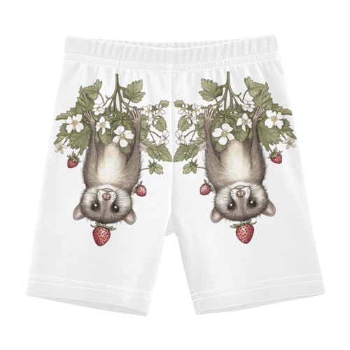 Opossum Strawberry White Girls Bike Shorts Toddler Soft Cotton Cartwheel Under Dress Dance Shorts