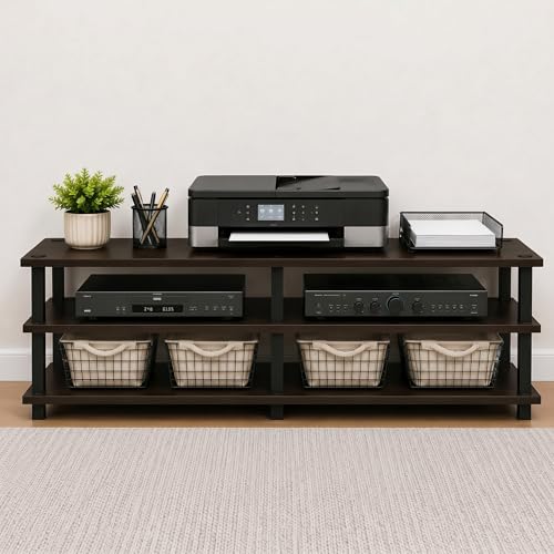 Image of Furinno Turn-S-Tube Toolless 3-Tier TV Stand for 55 Inch TV, Dark Brown | Wide Printer Stand with Storage Shelf, Entertainment Center, for Living Room, Bedroom