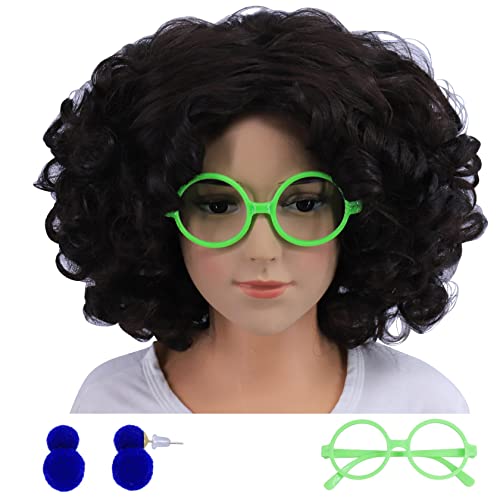 Hulaidywig Brown Short Wavy Costume Wig + Glasses + Earrings for Kids