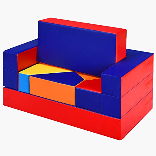 COSTWAY Blocs de Contruction en Mousse Canapé Enfants Multifonctions 4-en-1 pour Grimper et Ramper Colorés Former Table Canapé Coussin en EPE et PU Résistant