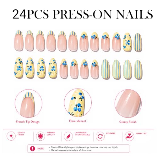 Image of Secret Lives Glossy Press-On Nails, Pink Almond Fake Nails with Blue Flower & Striped Yellow French Tip Design Artificial Nail Art, 24-Piece Set with Kit