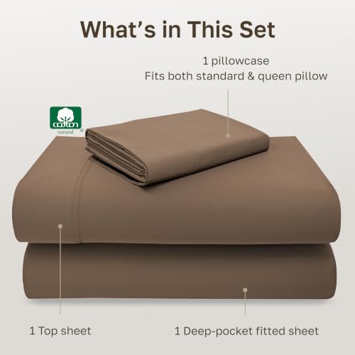 Image of California Design Den Twin Bed Sheets Set - Luxury 600 Thread Count, 100% Cotton Sateen, Mocha Twin Sheet Set, Deep Pockets, Soft and Durable Bedding - Mocha