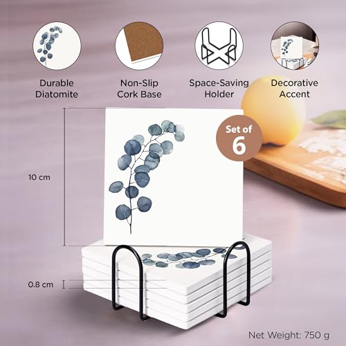 Image of The Better Home Diatomite Coasters Set of 6 with Holder (Dia - 10cm) | Dining Table Decor Accessories | Cups /Coffee Mugs /Glasses Coaster Set | Glass Cover Lid
