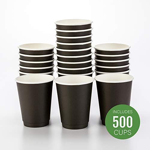 Image of 500-CT Disposable Black 12-oz Hot Beverage Cups with Double Wall Design: No Need for Sleeves - Perfect for Cafes - Eco Friendly Recyclable Paper - Insulated - Wholesale Takeout Coffee Cup