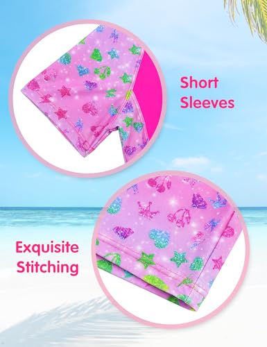 Image of Girls Swimsuit Colorful Short Sleeve Bathing Suits UPF 50+ Rash Guard Set Two Piece Summer Swimwear
