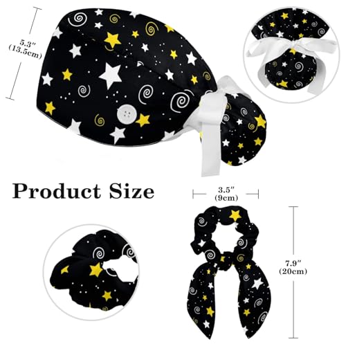 Image of Women's Working Caps Bouffant Surgical Cap with Bow Scrunchies Little Daisy Art Paint Ponytail Holder Tie Back Scrub Hat