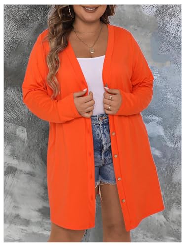 Image of SOLY HUX Women's Plus Size Cardigan Button Down V Neck Long Sleeve Casual Outerwear Plain Orange 1XL