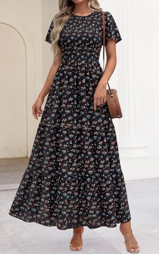 Image of PRETTYGARDEN Women's 2026 Summer Casual Flutter Short Sleeve Boho Floral Maxi Dress Crew Neck Smocked Tiered Long Dresses