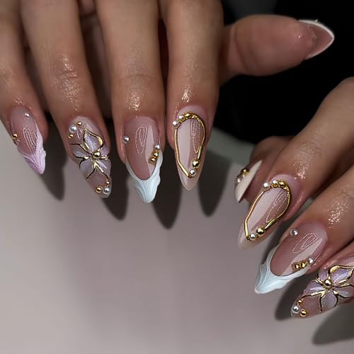 LunarCharm 24 pièces faux ongles French tip à perles florales, ongles à pression courts en forme amande brillants en acrylique, couverture complète, ongles autocollants pour femmes DIY – vue 5