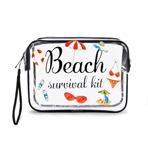 Sisadodo Beach Lover Clear Toiletry Makeup Bag for Girls Women Travel Transparent Cosmetic Storage Bag for Travel Trips Holiday Gifts Bag for Friends Bestie Waterproof Beach Survival Kit with Strap