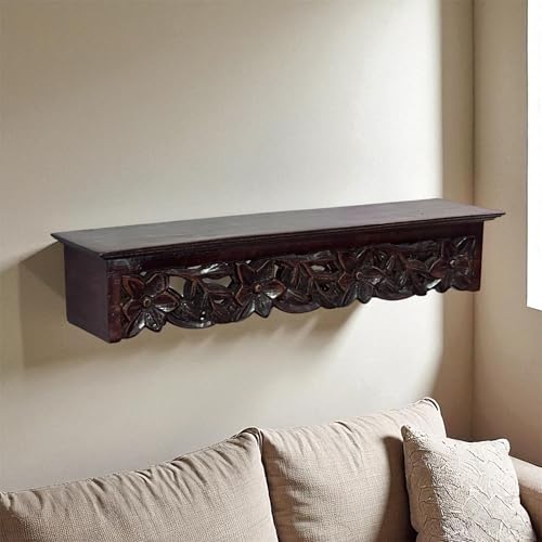Image of Handcrafted Wooden Wall Hanging Shelf 24 Inch | Decorative Carved Wall Shelf for Living Room, Bedroom & Office | Antique Finish Wooden Display Rack