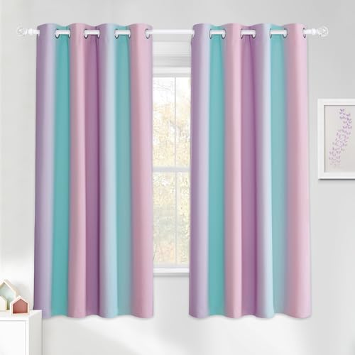 NICETOWN Gradient Colorful Rainbow Printed Blackout Curtains, Ombre Drapes for Kids Bedroom Grommet Thermal Insulated Window Treatment Curtains, 2 Panels, 52 x 63 inch, Purple & Blue & Pink