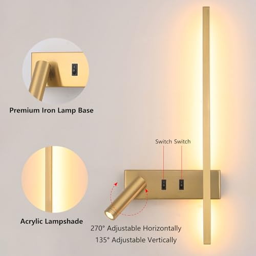 Lámpara de pared giratoria 270° con doble interruptor e iluminación LED 3