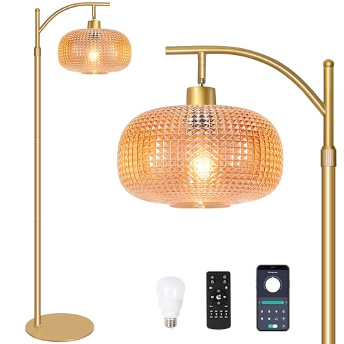 Image of Glass Floor Lamp for Living Room with Amber Glass Lampshade&Remote Control | Dimmable Modern Standing Lamp with 12W LED Bulb, Tall Lamp for Bedroom