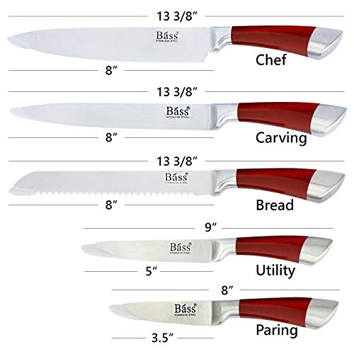 Evelyne Gmt-10031 Stainless Steel Kitchen Knife Set With Red Handle Hilt, 5 Knives And 1 Pivotable Swivel Holding Block With See-Thru Side #TOP2