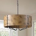 MWZ Farmhouse Drum Chandeliers for Dining Room, 5-Light Rustic Metal Woodgrain Indoor Pendant Light Kitchen Island Over Table, D19''Adjustable Hanging Ceiling Lamp for Hallway Entryway Foyer