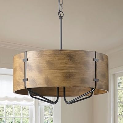 MWZ Farmhouse Drum Chandeliers for Dining Room, 5-Light Rustic Metal Woodgrain Indoor Pendant Light Kitchen Island Over Table, D19''Adjustable Hanging Ceiling Lamp for Hallway Entryway Foyer