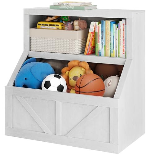 GarveeHome Kids Bookshelf and Toy Storage, 2 Tier Toy Organizer with Storage Cabinet, Toddler 2 Shelf Bookcase for Playroom, Bedroom, Living Room, Classroom, Vintage White