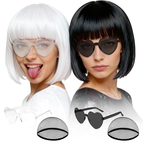 Image of MEEZY 2 Pcs Neon Bob Wigs with Bangs Black White for Women Colorful Fun Wig Short Bob Hair with Heart Sunglasses Hair Cap for Halloween Costume Cosplay Photography Birthday Bachelorette Party Carnival