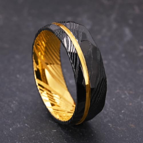 Damascus Steel Rings for Men Black Hammered 8mm Men's Engagement Wedding Bands Inlaid Gold Foil Meteorite Fragments Comfortable Suitable for Daily Parties4