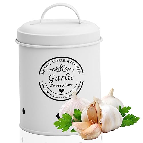 Fangehong 1 Pieza Botes para Patatas, Contenedores Ajos Cebollas de Metal, Recipientes de Almacenamiento de Alimentos Vintage, Cubo de Verduras con Tapa (Ajos Blanco)
