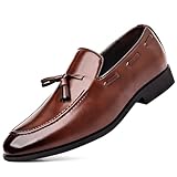 ROUGONO Men's Fashion Tassels Dress Shoes Slip-On Loafers Formal Business Casual Moccasins Driving Leather Shoes Brown 9.5