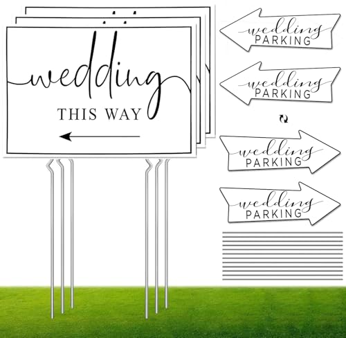 Vividsphere 7Pack Wedding Directional Signs 3 Pack This Way Ceremony Signs + 4 Pack Wedding Parking Arrow Signs Double-sided with Metal Stakes Weather-Resistant for Reception & Outdoor Events (16*12)
