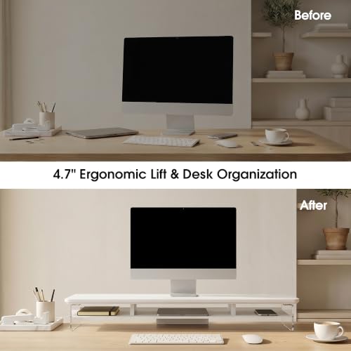 Image of Fenge 42.5 inch Dual Monitor Stand with Clear Acrylic Legs, White | Clear acrylic, storage compartment, 2-tier home office monitor riser, wide large desktop shelf fit monitor /laptop /printer